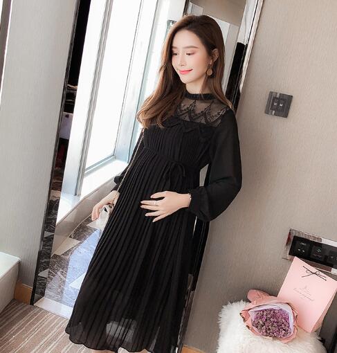 Guest Dressed-Pleated Long-Sleeve Dresses Maternity Dress