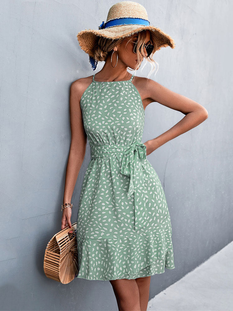 Guest Dressed-Boho Polka Dot Short Dress with Wrap Bow