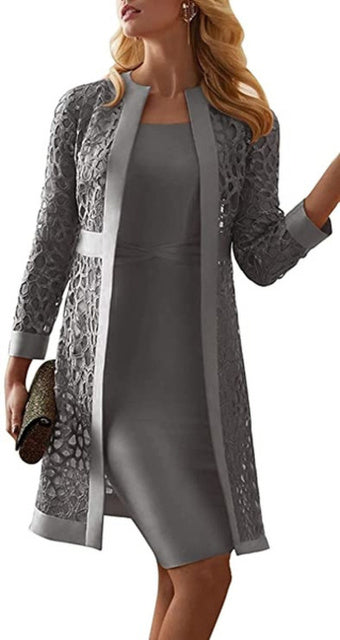 Guest Dressed-2 Piece Mother of The Bride/Groom Knee Length Dress with Long Sleeve Textured Cut Out Jacket