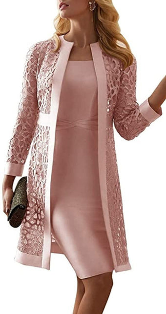 Guest Dressed-2 Piece Mother of The Bride/Groom Knee Length Dress with Long Sleeve Textured Cut Out Jacket