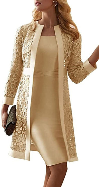 Guest Dressed-2 Piece Mother of The Bride/Groom Knee Length Dress with Long Sleeve Textured Cut Out Jacket