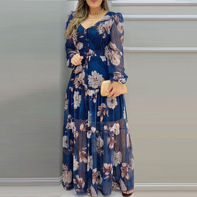 Guest Dressed-Blue Floral V-Neck Maxi Dress