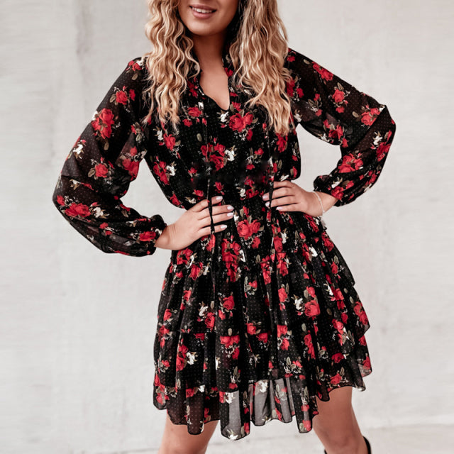 Guest Dressed-Long Sleeve Floral Midi Dress with Ruffles