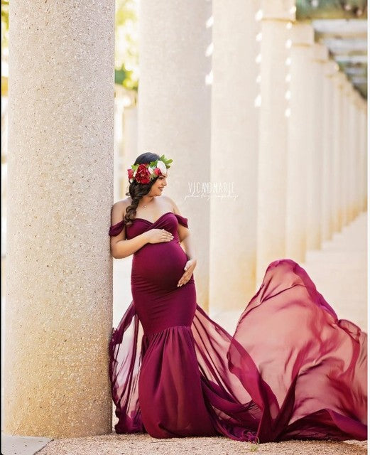Guest Dressed-Maxi Maternity Dress with See Through Train