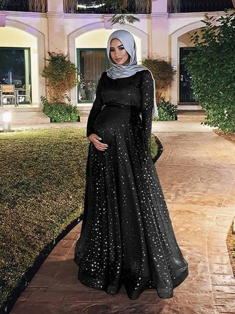 Guest Dressed-Conservative Floor-Length and Long Sleeve Maternity Dress with Sequin
