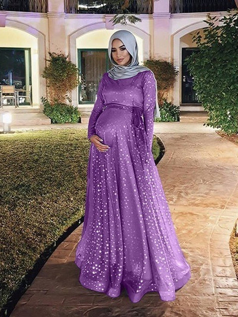 Guest Dressed-Conservative Floor-Length and Long Sleeve Maternity Dress with Sequin