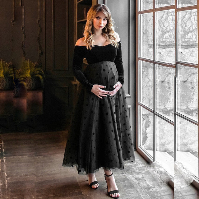 Guest Dressed-Black Off The Shoulder Maternity Velvet Long Sleeve Ankle-Length Dress